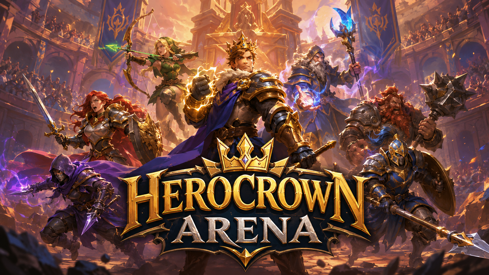 Los héroes de Herocrown Arena reunidos ante la corona